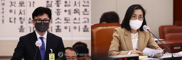 한동훈 법무부 장관(왼쪽), 김현숙 여성가족부 장관. 사진=연합뉴스 제공