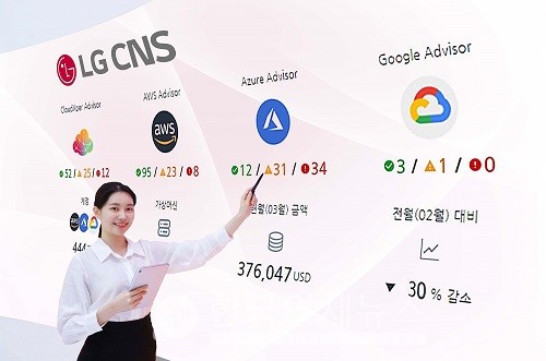 LG CNS 직원이 핀옵스 클리닉 클라우드 사용 현황 모니터링 프로그램을 소개하고 있다.