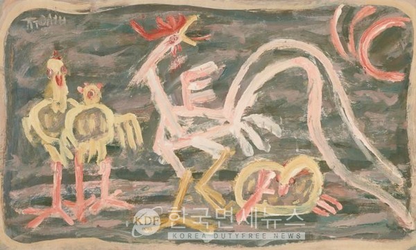 이중섭의 1950년대 전반 작품인 '닭과 병아리'. 국립현대미술관 제공