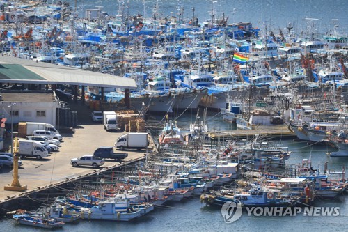 18일 오전 서귀포항 어선들이 난마돌 북상에 대비하고자 대피해 있다. 사진=연합뉴스 제공